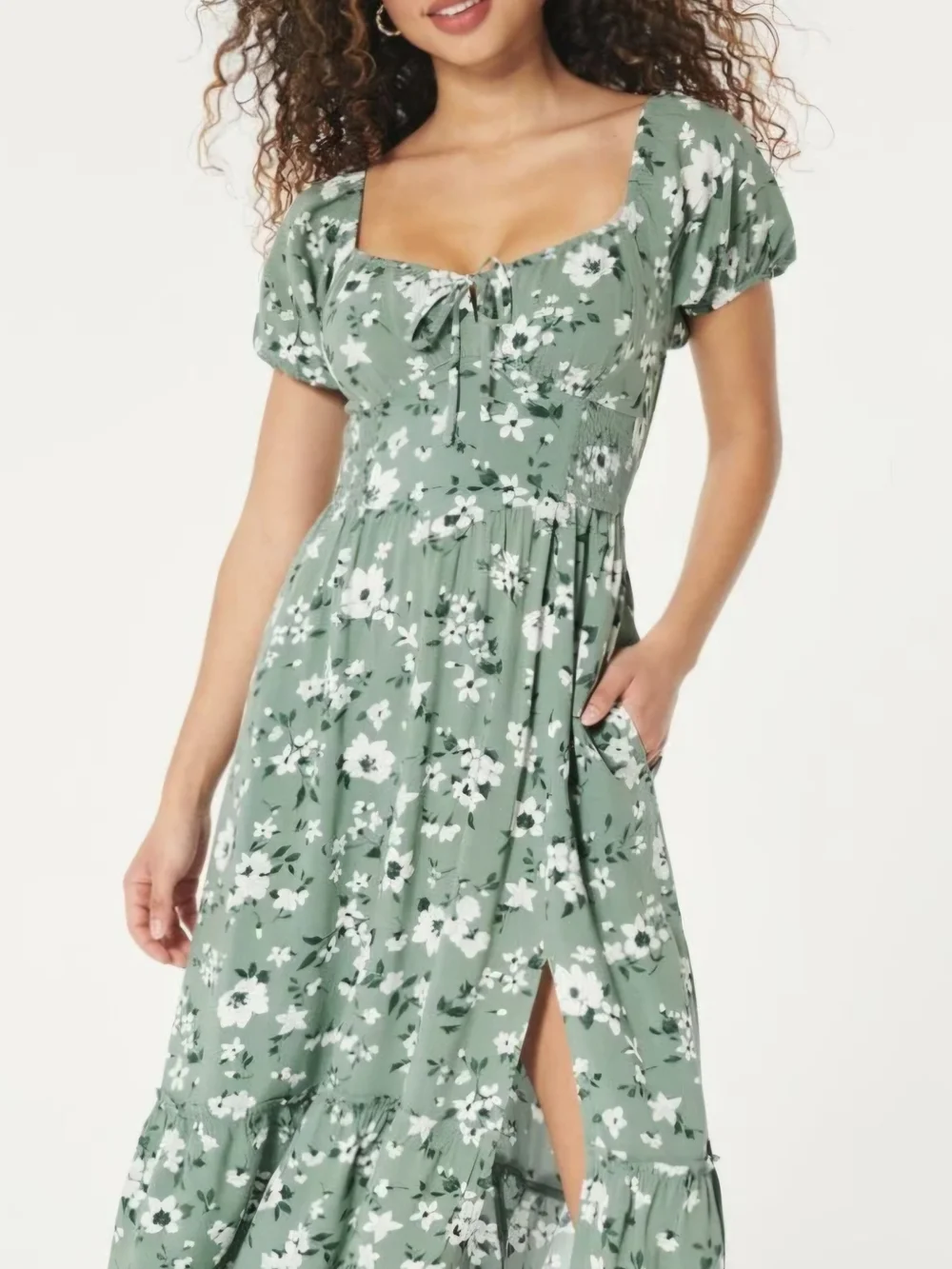 Hollister Sage Green Floral Maxi Dress with White Blooms - Picture 1 of 5